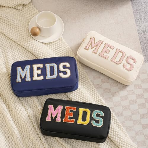 Travel Makeup Bag with Chenille Letter Patch - Beige MEDS-RX, Compact & Waterproof