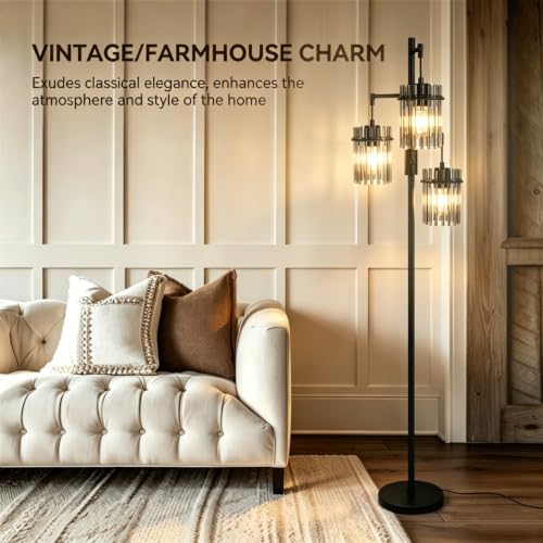 66 Inch Tall Black Dimmable Farmhouse Floor Lamp with Crystal Accents