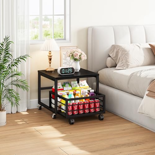 Black Mini Fridge Stand with Storage and Wheels - Adjustable Feet, Sturdy Metal Frame