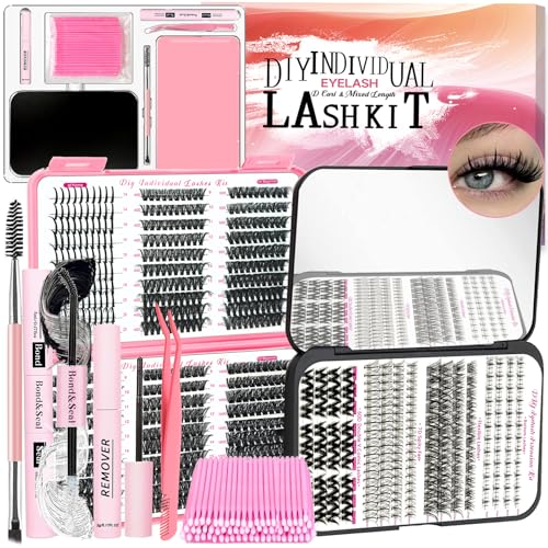 DIY Eyelash Extensions Kit with Spike Lash Cluster 802Pcs D Curl Wispy Individual Lashes Kit with Lash Bond and Seal,Quick Glue Remover Tweezers Eyelash Brush Mini Applicator