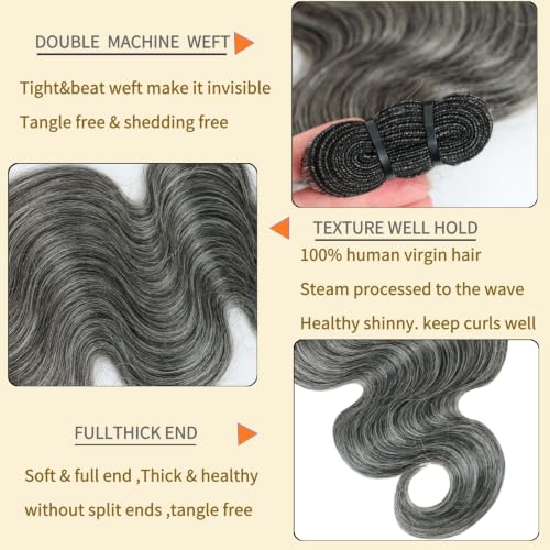 SIYUSI Gray Human Hair Bundles 16 Inch Wavy Curly Salt & Pepper Natural Color