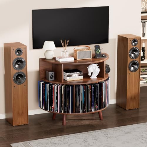 31.5-Inch Record Player Stand with Power Outlets and Vinyl Storage Cabinet