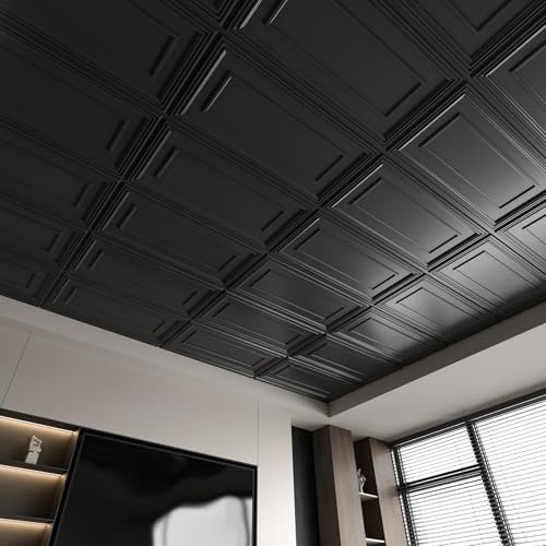 Large 2x4 ft Black PVC Ceiling Tiles - 12 Pack, Seamless Drop-In & Glue-Up Panels