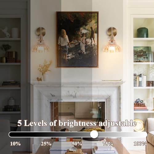 Flower Amber Rechargeable Battery-Operated Wall Sconce Set of 2 - Dimmable Wireless Brass Lamps with Remote for Bedroom Living Room