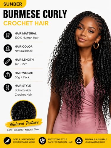 Natural Black Burmese Curly Crochet Hair 16 Inch Knotless Feather Human Hair