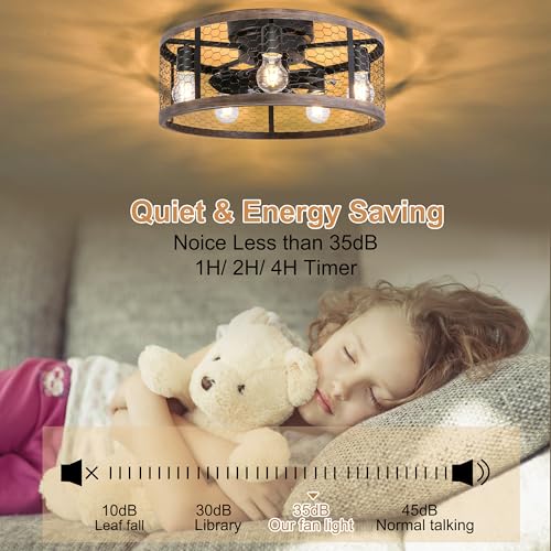 20-Inch Rustic Farmhouse Caged Ceiling Fan with Lights & Remote - Wood Flush Mount Variant