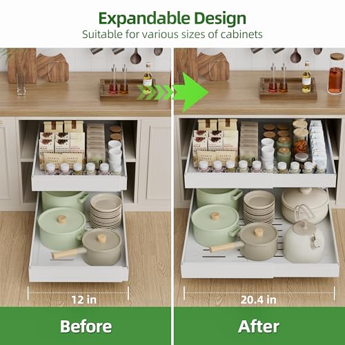 21-Inch Deep Expandable Pull Out Cabinet Organizer Set - White (2 Pack, 21"D x 12-20"W)
