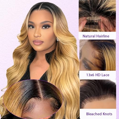 Belaved 1B/27 Upgrade 24 Inch Body Wave Lace Front Wig Human Hair Ombre 13x6 Pre Plucked Glueless