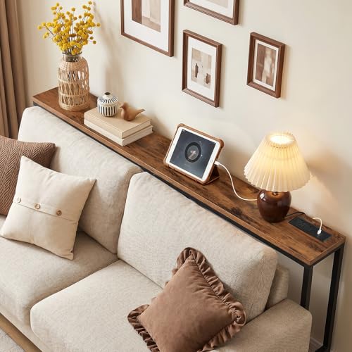 MAHANCRIS Rustic Brown 70.9" Console Table with Charging Station, Slim Entryway Sofa Table with Power Outlets