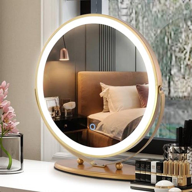 LVSOMT 20" Vanity Makeup Mirror with Lights, 3 Color Lighting Dimmable LED Mirror, Touch Control, 360¡ÆRotation, High-Definition Large Round Lighted Up Mirror for Bedroom Table Desk (Gold)