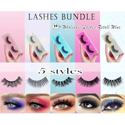 Wholesale Faux Mink Lashes 50 Pair Natural Look Fluffy Eyelashes Soft Lashes Bulk 5 Styles Volume Lashes with Individual Package