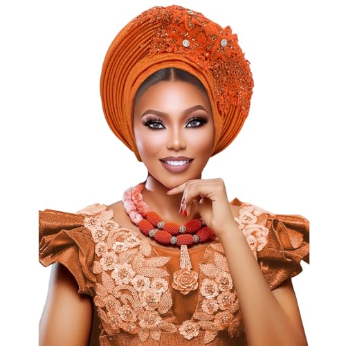 African Autogele Headwrap for Women - Nigeria Traditional Head Tie in Orange - Ready Made Bridal Geles for Weddings & Church