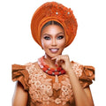 African Autogele Headwrap for Women - Nigeria Traditional Head Tie in Orange - Ready Made Bridal Geles for Weddings & Church