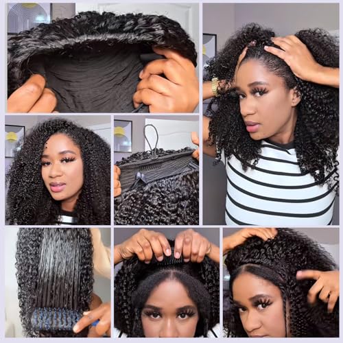 Natural Color 16 Inch Human Hair Kinky Curly Half Wig - 200% Density, Glueless, Volume