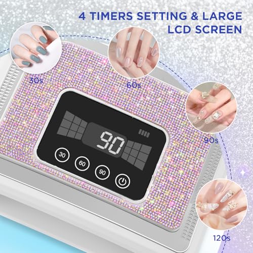 Aedavey Cordless Nail Lamp, 120W Rechargeable UV Nail Lamp for Gel Nails, LED Nail Lamp with 4 Timer Modes, Gel Nail Light Decorate with Sparkling Nail Rhinestones Diamond