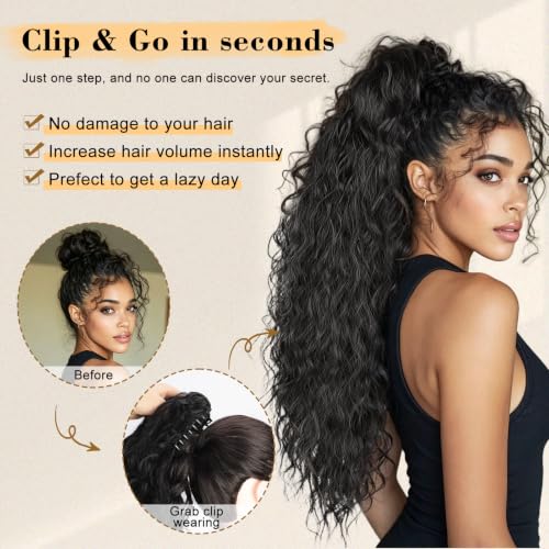 Black 26 Inch Curly Ponytail Extension with Claw Clip - Natural Look