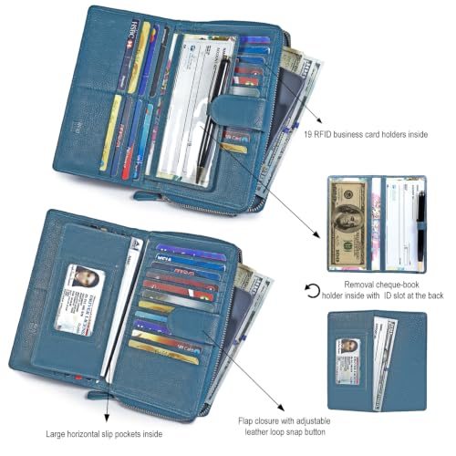 Mou Meraki Big Fat RFID Blocking Leather Organizer Checkbook Wallet for Women – Teal Blue Clutch
