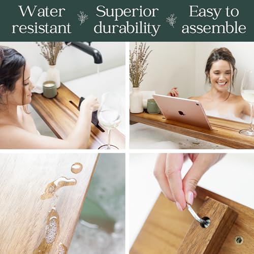 Nature Shed Premium 35-Inch Acacia Wood Bathtub Tray - Large, Adjustable, Anti-Tip Freestanding Caddy with Bathroom Accessories Holder