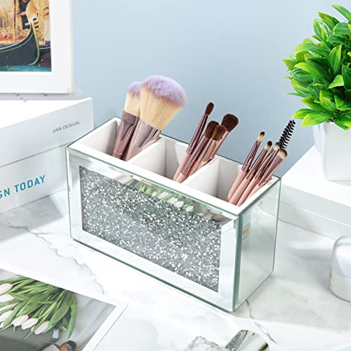 Mirrored Makeup Brush Holder with Crushed Diamond 3 Slots - Vanity Organizer