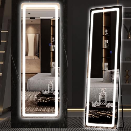 Full Length LED Floor Mirror with Lights - 56 x 16 Inches, Black, Dimmable & Wall Mountable