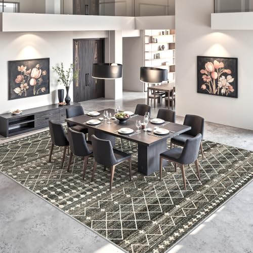 Black 8x12 Moroccan Style Area Rug - Washable Non-Slip Living Room Carpet