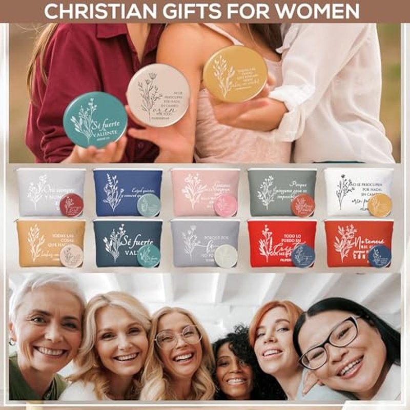Kacctyen Spanish Christian Easter Gifts for Women Bulk Bible Verse Makeup Bags Religious Gift Regalos Cristianos Para Mujer Canvas Pouch Compact Mirrors Mother's Day Church Gift(Morandi Color,10 Sets)