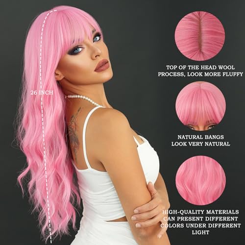 Long Wavy Pink Wig 24in Synthetic Heat-Resistant Curly Wig with Bangs for Women Girls - Light Pink, Variation of 24in / Light Pink