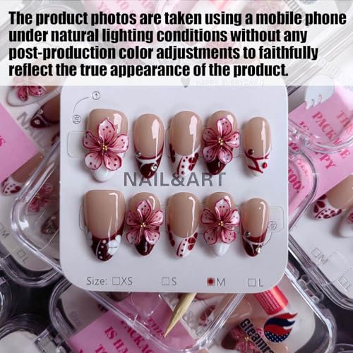 Luxury Professional Manicurist Handmade Nails Press Ons Almond Shape Short Press on Nails with French Tip and 3d Flower Design Nude Base Spring and Daily Use for Women 10pcs Pattern 25