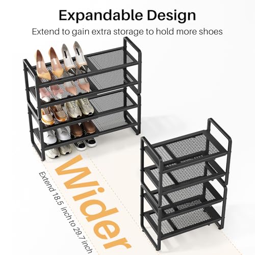 Expandable 4-Tier Metal Shoe Rack for Closet, Entryway & Garage - Black, Variation of 18.5-29.7 Inches