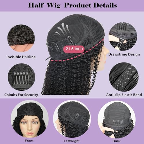 Black 16 Inch Kinky Curly Half Wig Human Hair 200 Density Seamless Flip Over Style - Glueless, Beginner Friendly