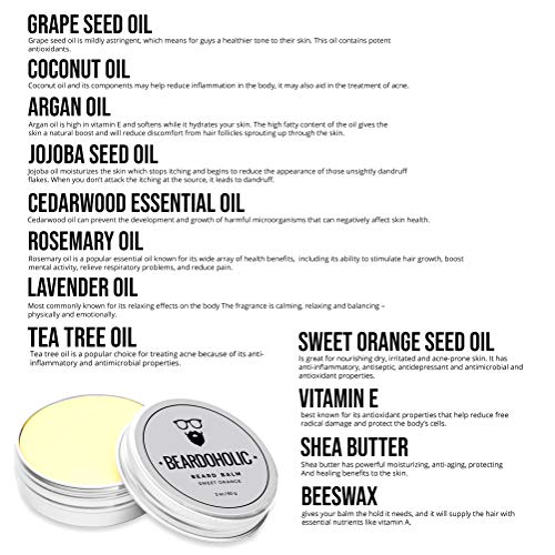 Beardoholic Beard Balm ? 100% Natural With Strong Hold That Lasts All Day - Shapes and Styles Beard With Ease ? Eliminate Beard Itch and Dandruff ? Light Orange Scent, 2 oz or 60 g Size of Container
