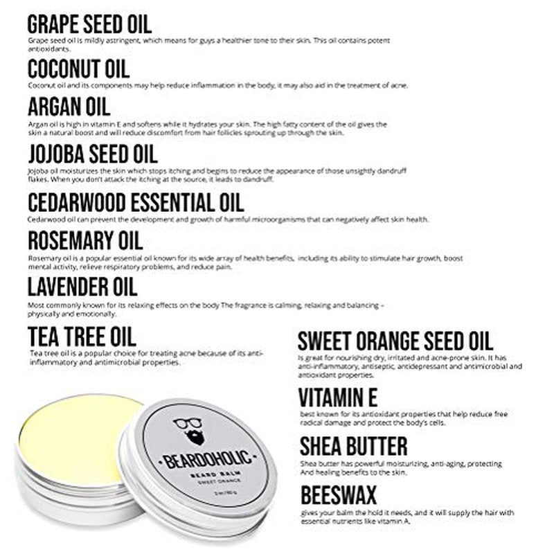 Beardoholic Beard Balm ? 100% Natural With Strong Hold That Lasts All Day - Shapes and Styles Beard With Ease ? Eliminate Beard Itch and Dandruff ? Light Orange Scent, 2 oz or 60 g Size of Container