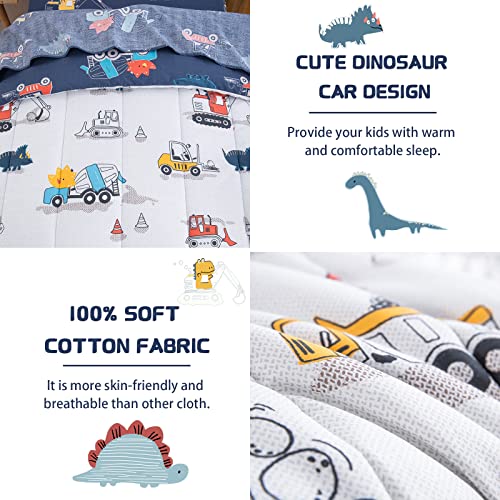 Dinosaur Car Twin Bedding Set - Reversible Comforter & Sheets for Boys, 4 Pieces