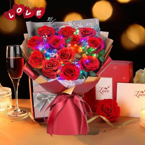 Preserved Red Roses Bouquet with LED Lights - 12 Roses Gift for Her, Anniversary & Birthday