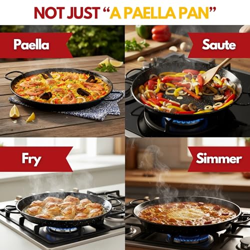 22 Inch Enamelled Steel Paella Pan with No-Rust Carbon Steel Skillet - 16 Servings