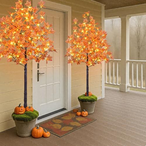 LIGHTSHARE 6ft 2-Pack Lighted Maple Trees with 240 Warm White LEDs Indoor Outdoor Fall Decor