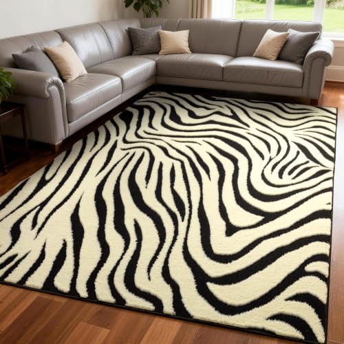Zebra Pattern 5x7 ft Washable Area Rug for Living Room - Non-Slip Black & White Abstract Carpet - Nursery, Bedroom, Office Decor