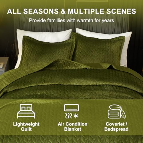 King Size Velvet Quilt Set with Embroidered Leaf Design - Green Reversible Bedspread, 3 Pieces