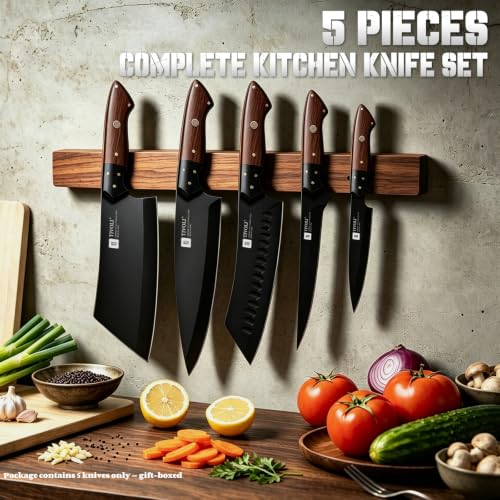 TIVOLI 5-Piece Kitchen Knife Set with Full Tang Wooden Handles - Japanese German Steel, Black Shield Coating - Variation 8.1