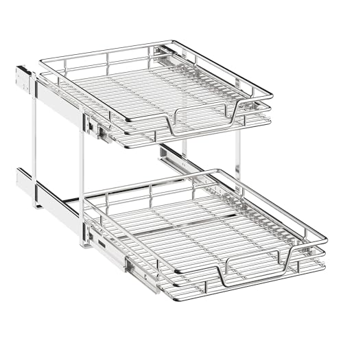 2-Tier Pull Out Kitchen Cabinet Organizer - 17" W x 21" D Shelf & Drawer Storage
