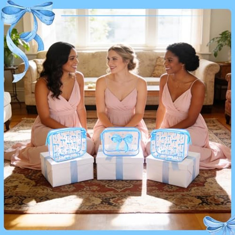 10 Blue Bow Clear Makeup Bags for Girls, TSA Large Capacity Toiletry Bags for Travel Clear PVC Waterproof Pouch with Zipper for Valentine Day Gift, Bridesmaid Wedding Bag, Birthday Party Favor