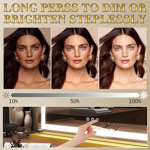 Gold Vanity Mirror with Lights 23x18 Inch Full View Dimmable LED Beauty Mirror - Detachable Magnifier