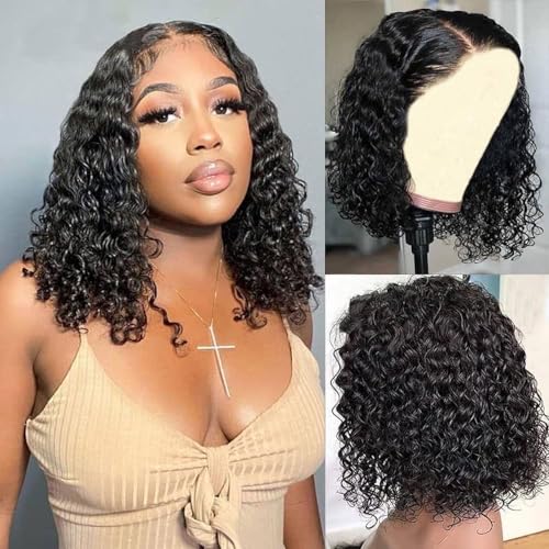 Glueless Human Hair Curly Bob Wig 10 Inch Deep Wave Pre Plucked Natural Black
