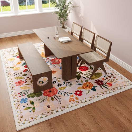 Washable Beige Area Rug 8x10 - Non Slip Vintage Boho Style