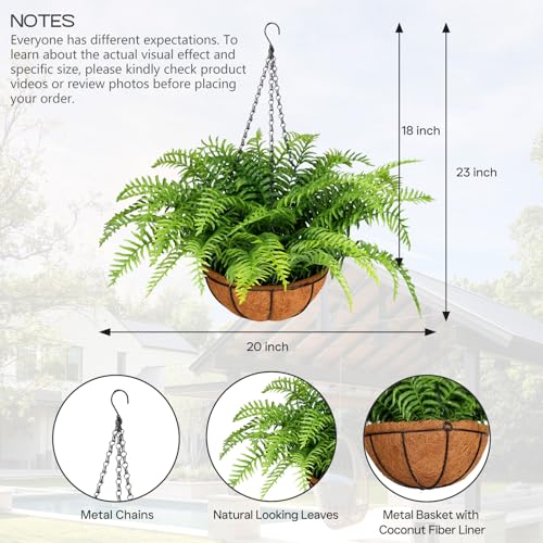 Green 2 Pack Fake Hanging Ferns with Baskets - UV Resistant Outdoor Plants, No Assembly, Realistic Decor for Porch & Garden