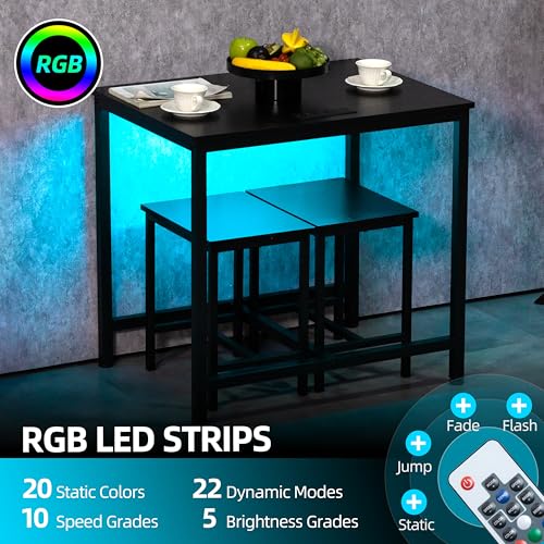 Finnhomy Black 3-Piece Dining Table Set with LED Lights & USB Power Outlets