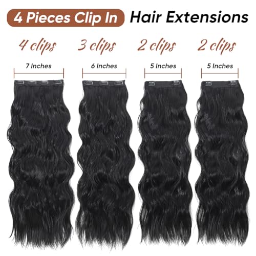 Soumnia 4PCS Black 24-Inch Soft Wavy Clip-In Hair Extensions - Model 1B#