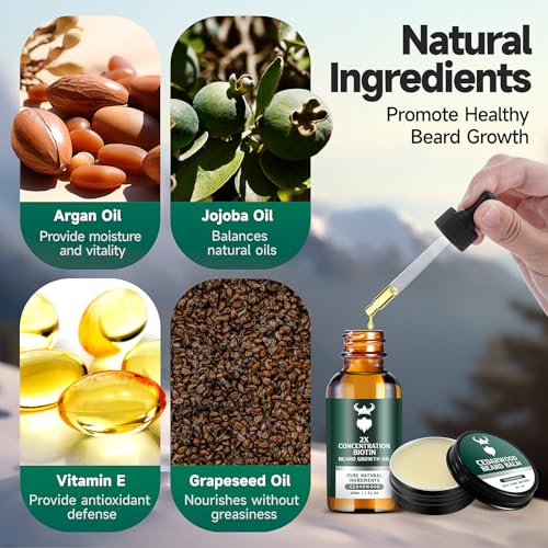 Beard Growth Kit with Cedarwood Oil - 2X Concentration Biotin for Men, Natural Argan & Jojoba Oils