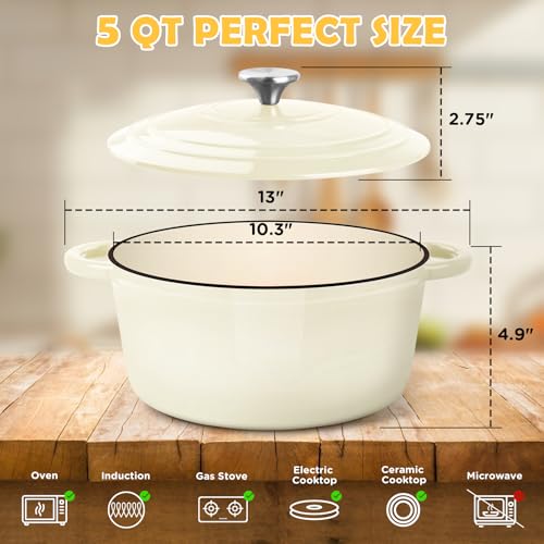 Cream White 5QT Enameled Cast Iron Dutch Oven Pot for Bread Baking with Lid