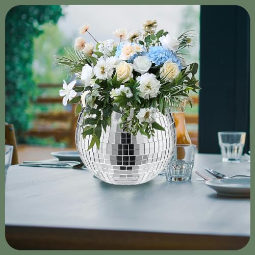 Silver Disco Vase Set - 6 Glass Planters with Reflective Mirror Ball Design 5x6in